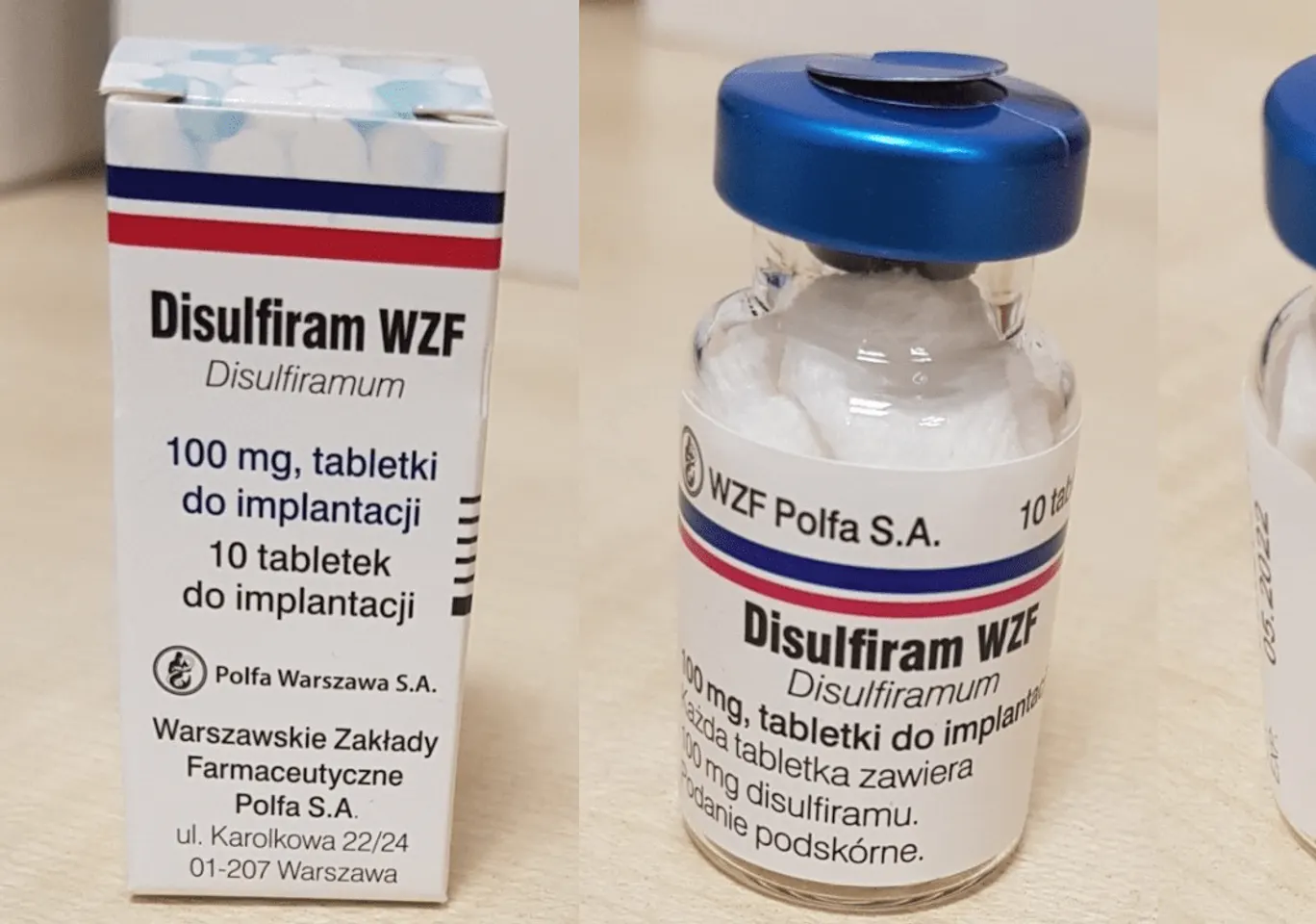 Wszywka alkoholowa Esperal Kudowa Zdrój: fiolka disulfiramu obok opakowania leku