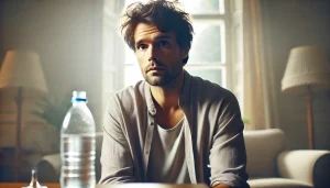 Osoba na kacu siedząca na kanapie, zmęczona po spożyciu alkoholu